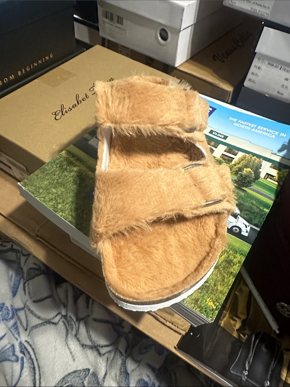 Kids Fuzzy Double-Strap Slide Sandals - Tan